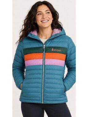 Cotopaxi Fuego Hooded Down Puffer Jacket Women’s M Teal Colorblock 800 Fill